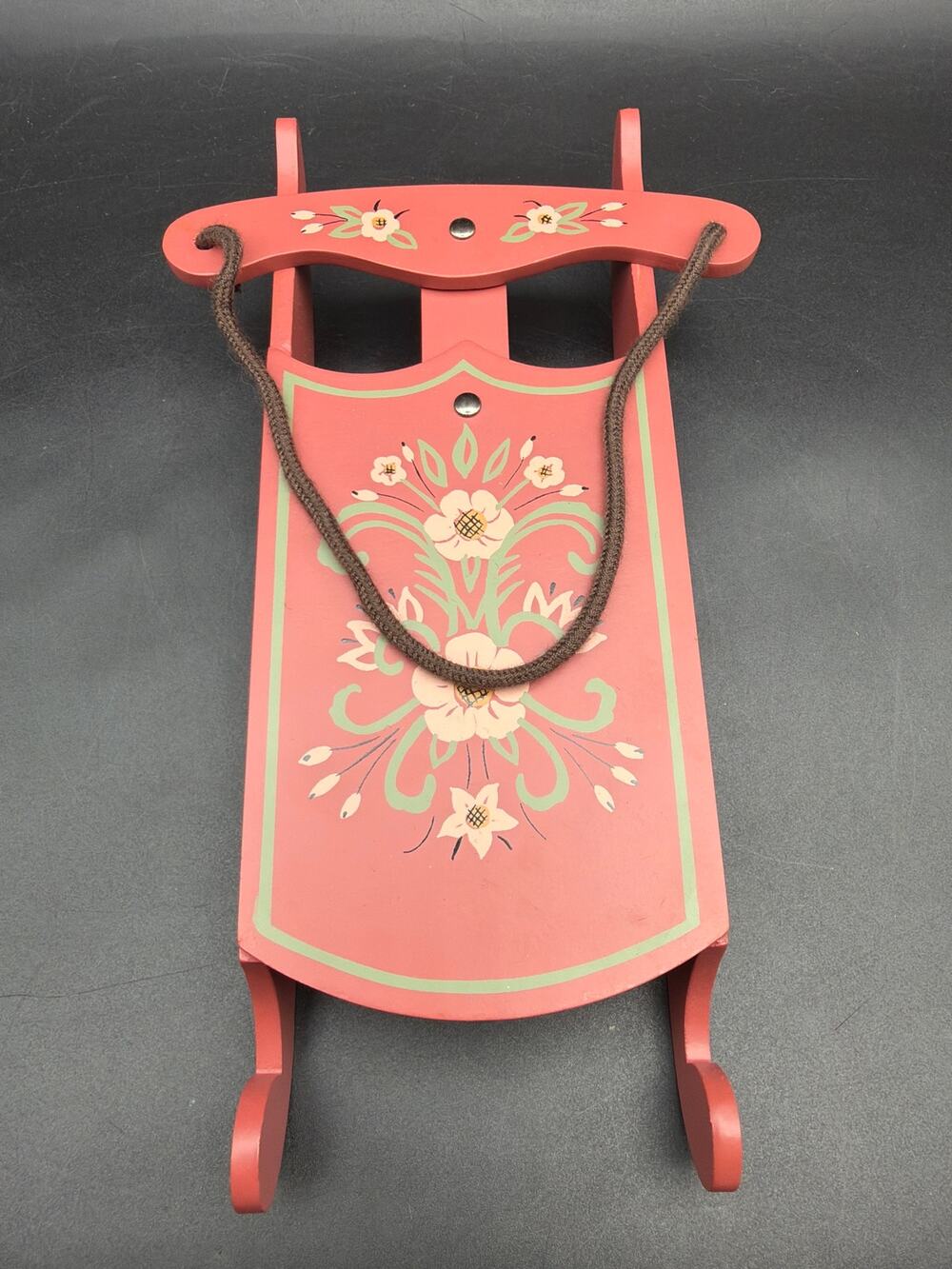 Vintage Muffy VanderBear Wooden Sled Pink Floral Miniature Bear Sleigh 9.5"